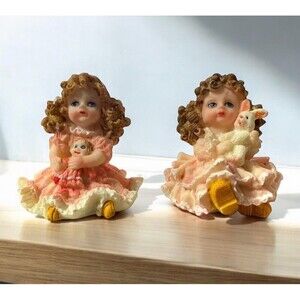 Vintage Victorian Child Holding Doll Plush Miniature Resin Figurines 3"- Qty 2
